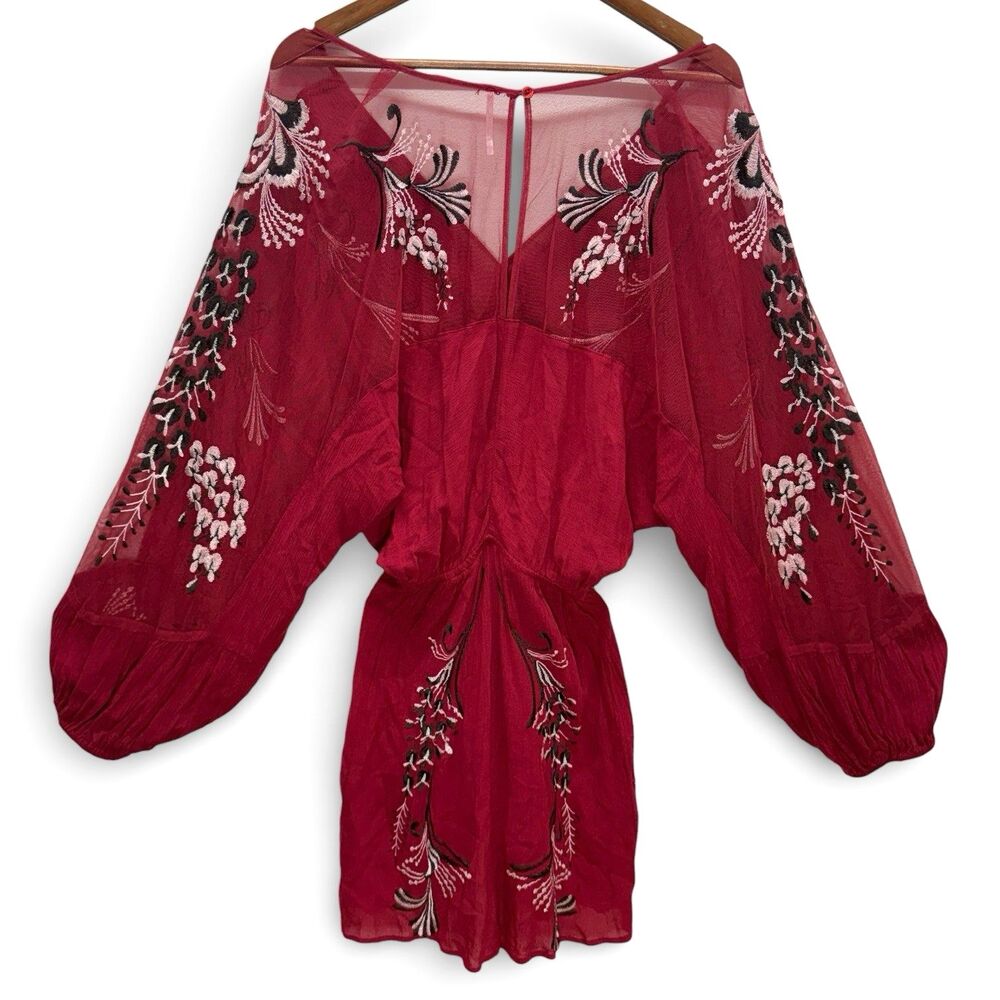 Free People Bonjour Mini Dress Size L Red Embroidered Floral Ballon Flowy Boho - Picture 5 of 15